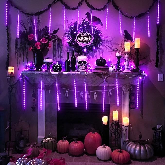 JMEXSUSS 2 Pack Purple Solar Halloween Lights, 16 Tube 288 LED Solar Meteor Shower Rain Lights, Christmas Light Outdoor Waterproof for Tree Halloween Christmas Decorations
