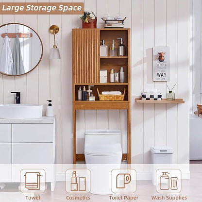 LEYAOYAO Fluted Over The Toilet Storage Cabinet, Farmhouse Over Toilet Bathroom Organizer with a Sliding Door, 68" Tall Tea Brown Freestanding Washer Shelf with Adjustable Shelf & Curved Profile