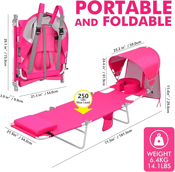 Backpack Beach Tanning Lounge Chair with Canopy Shade Face Hole Padded Adjustable Washable, 6 Position Layout Chair for Outside Sunbathing Poolside Lawn, UPF 50+ Wind-Resistant Sun Shade, Patented