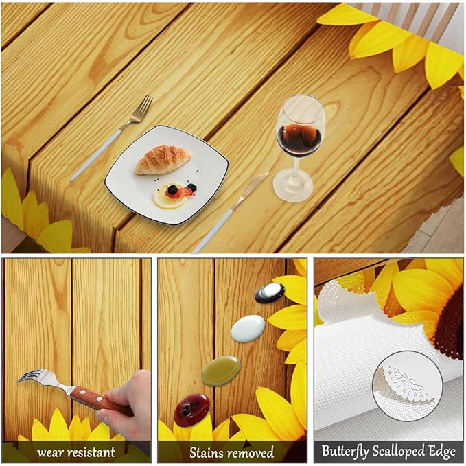 Swono Tablecloth 52"X70" Sunflowers, Beautiful Sunflowers Wooden Plank Rectangle Table Cover Anti-Oil Tablecloth for Dining Tables, Parties, Wedding and Banquet Decoration