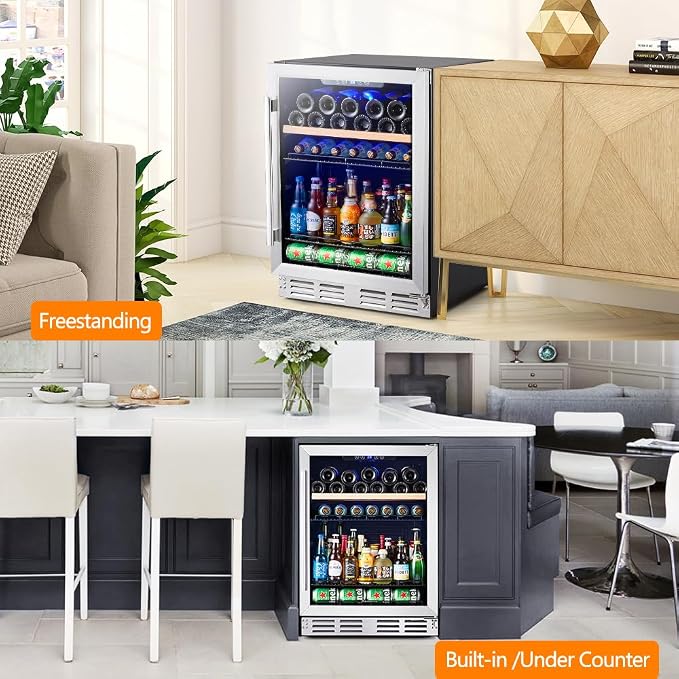 Kalamera 24 inch Beverage and Wine Cooler 118 Cans & 16 Bottles Capacity | Built-in or Freestanding Mini Fridge, Wine Refrigerator Cooler with Interior Light