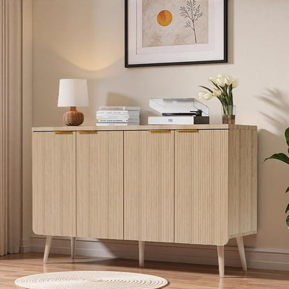 47.2" Modern Fluted Sideboard Cabinet with 4 Doors, Wood Storage Credenza with Shelves, Multi-Purpose Buffet Cabinet for Entryway, Dining & Living Room, Natural Wood