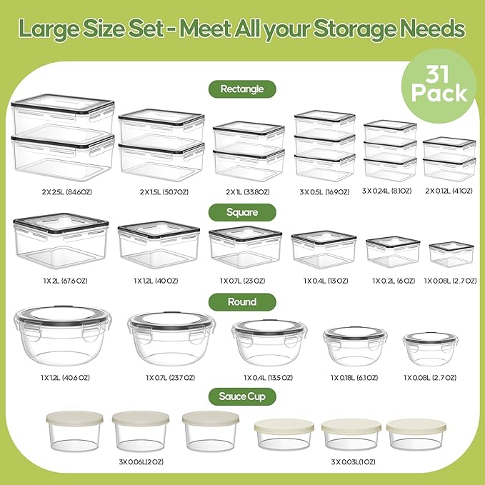 62 PCS Large Food Storage Containers with Lids Airtight Reusable Plastic | With 31 Lids & 31 Containers- Leakproof Meal-Prep Container for Kitchen Storage Organization Microwave/Dishwasher Safe