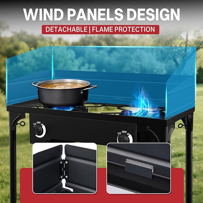 2 Burner Propane Camp Stove | 150,000 BTU | High Pressure Gas Burners | CSA Certified | Windscreen | Waterproof Cover | Detachable Legs | Ideal for Camping Tailgating Backyard Outdoor Cooking