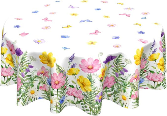 Sweetshow Spring Summer Colorful Floral Table Cloth Round Yellow Pink Purple Wildflowers Butterflies Tablecloth 70 Inch Decor Washable Stain and Wrinkle Spring Round Table Cover for Dining Picnic