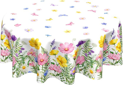 Sweetshow Spring Summer Colorful Floral Table Cloth Round Yellow Pink Purple Wildflowers Butterflies Tablecloth 60 Inch Decor Washable Stain and Wrinkle Spring Round Table Cover for Dining Picnic