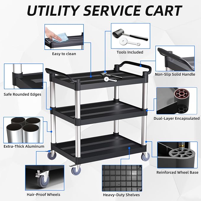 Utility Cart with Tangle-Free Wheels, 3 Tier Rolling Cart, Restaurant Cart | 2 with Brakes, Heavy Duty 350 Lbs Capacity,Commercial Serving Cart for Home, Office, Restaurant, Warehouse.