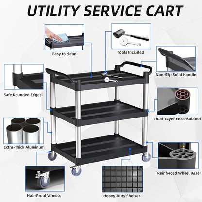 Utility Cart with Tangle-Free Wheels, 3 Tier Rolling Cart, Restaurant Cart | 2 with Brakes, Heavy Duty 350 Lbs Capacity,Commercial Serving Cart for Home, Office, Restaurant, Warehouse.