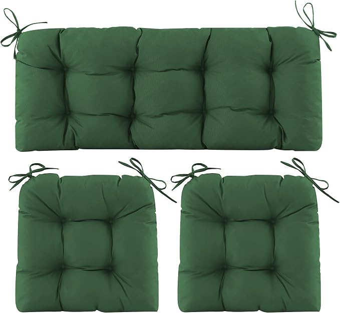 Wicker Chair Cushions of 3 Pieces, Waterproof Cushions for Patio Furniture, Tufted Wicker Outdoor Furniture Cushions, 1 Patio Loveseat Cushion and 2 U-Shaped Cushions, 44"x19"x5", Dark Green