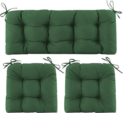 Wicker Chair Cushions of 3 Pieces, Waterproof Cushions for Patio Furniture, Tufted Wicker Outdoor Furniture Cushions, 1 Patio Loveseat Cushion and 2 U-Shaped Cushions, 44"x19"x5", Dark Green