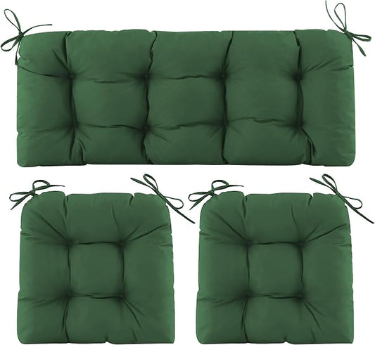 Wicker Chair Cushions of 3 Pieces, Waterproof Cushions for Patio Furniture, Tufted Wicker Outdoor Furniture Cushions, 1 Patio Loveseat Cushion and 2 U-Shaped Cushions, 44"x19"x5", Dark Green