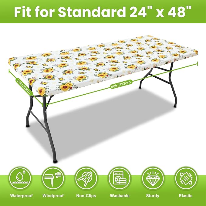 Smiry Spandex Fitted Tablecloth for 4 Foot Rectangle Tables, Washable Picnic Table Cover with Elastic, Stretch Reusable Table Cloth for Outdoor, Camping, Dining & Kitchen (Sunflower, 24"x48")