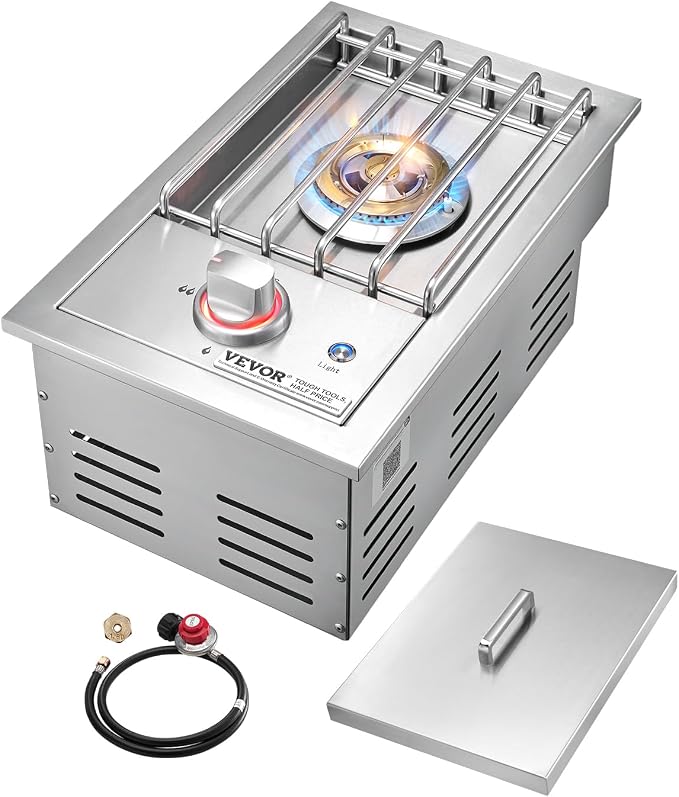 VEVOR Single Grilling Side Burner, 17,000BTU Liquid Propane Side Burner for Outdoor Kitchen, Convertible to Natural Gas, 304 Stainless Steel Built-in Single Grill Burners with LED for BBQ Grill Island