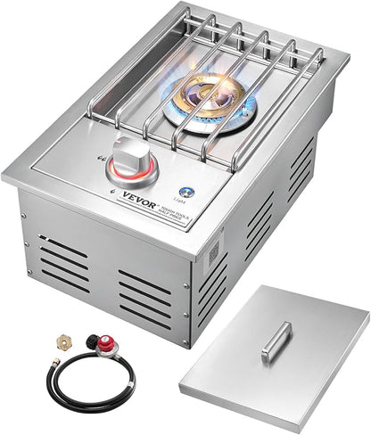 VEVOR Single Grilling Side Burner, 17,000BTU Liquid Propane Side Burner for Outdoor Kitchen, Convertible to Natural Gas, 304 Stainless Steel Built-in Single Grill Burners with LED for BBQ Grill Island