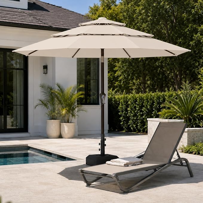 10ft Patio Umbrella, 3-Tier Vented Outdoor Table Umbrella with 8 Sturdy Fiberglass Ribs, Windproof Market Umbrella with Push Button Tilt and Crank, UV Protection for Deck, Pool, Creamy White
