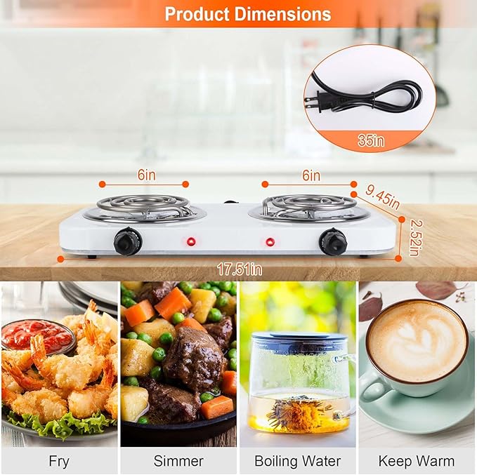 2000W Double Burner, Electric Hot Plate for Cooking Portable Cooking Stove, Countertop Burner Cooktop for Kitchen, Dorm, Temperature Control, Easy to Clean, White
