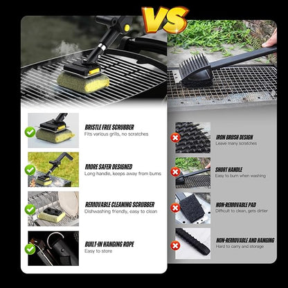 Folding Bristle Free Outdoor Grill Brush for BBQ Collapsible Design for Easy Storage Heavy Duty with Scraber & 3 Sponge Steam Brush Head Grill Cleaning Tool for Camping Tailgating Indoor Daddy Gift
