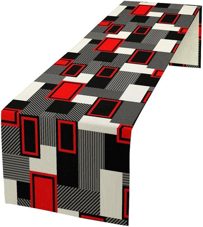 Red Gray Black Table Runners for Tabletop Decorations Mid Century Modern Abstract Geometry Lattice for Dinning Holiday Party Indoor Outdoor Decor, Abstract Lines 13x120in