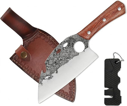 KOFERY Serbian Cleaver Hand Forged Viking Butcher Knife with 4Cr13 High Carbon Steel Full Tang for Camp Cooking, Outdoor BBQ, Butchering Meat & Fish, Includes Leather Sheath and Sharpener