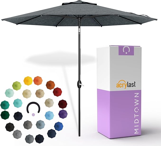 Midtown Umbrellas – The Lean 10 Ft Patio Umbrella with 10-Year-No-Fade Acrylast Acrylic Fabric, Auto-Tilt and 8 Reinforced Ribs for Deck, Pool, Garden, Hotel & Cafes – Stonecast Grey Canopy, Black Pole