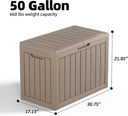 50 GallonOutdoor Storage Box,Resin Deck Boxes Waterproof, IndoorOutdoor Bin for Package Delivery, Patio Cushions, Gardening Tools, Lockable, UV Resistant