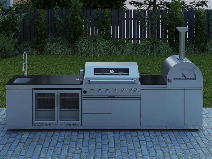 147" Outdoor Kitchen Island,Propane BBQ Grill with Pizza Oven,Rotisserie,Double Door Refrigerator,Storage Cabinets,Granite Countertop & Drawers,120,000 BTU,Stainless Steel Material.