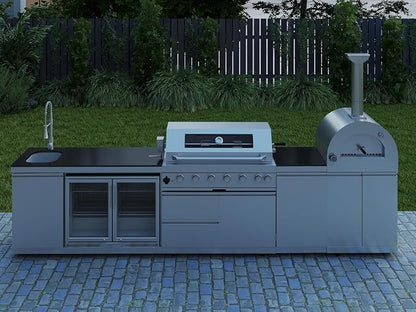 147" Outdoor Kitchen Island,Propane BBQ Grill with Pizza Oven,Rotisserie,Double Door Refrigerator,Storage Cabinets,Granite Countertop & Drawers,120,000 BTU,Stainless Steel Material.