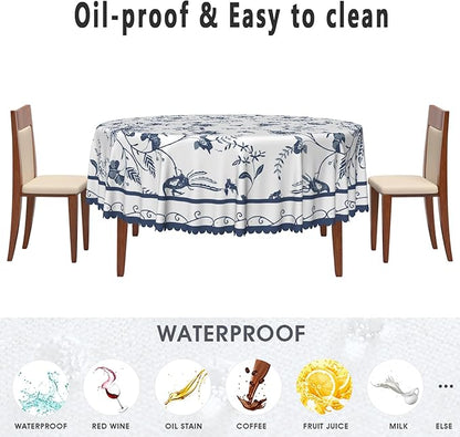 Blue Floral Round Tablecloth Blue and White French Country Circle Tablecloths Rustic Flowers Stain Proof Table Cover for Farmhouse Decor Indoor Outdoor Table Picnic Dinner Decor 60x60 Inch