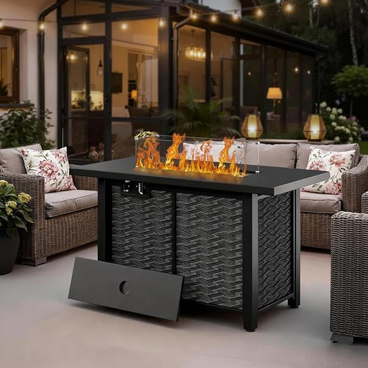 43" Propane Fire Pit Table with Glass Wind Guard & Lid, 50,000 BTU Outdoor Gas Fireplace, Weather-Resistant, Smokeless 2-in-1 Rectangular Coffee Table for Patio Garden
