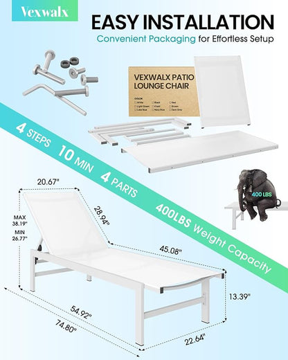 Vexwalx Outdoor Lounge Chair for Pool, Aluminum Chaise Lounge Chairs with 5-Position Recliner, Patio Lounge Chair for Backyard, Poolside, Deck, Lawn (White)