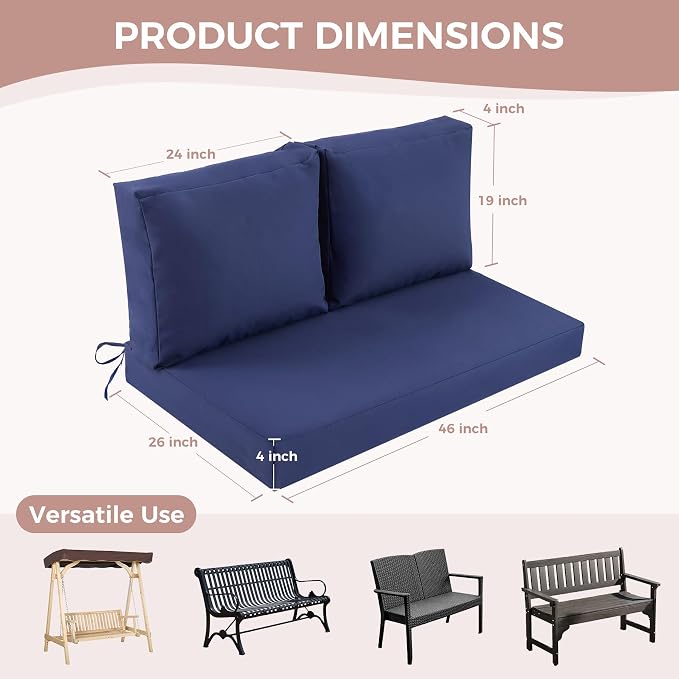 Outdoor Loveseat Cushions, 46×26×4 Inch, Waterproof, Navy Blue | Patio Loveseat Cushions for Outdoor Furniture, Fade Resistant, Outdoor Bench Cushions, for Wicker Furniture, Swing, Couch