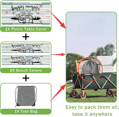 JAWO Camper Picnic Table Cover with Bench Covers 3 Piece Set, Vintage Wooden Camper Pine Tree Camping Elastic Fitted Picnic Tablecloth Outdoor Camping Patio Picnic Table, 30X60 inch