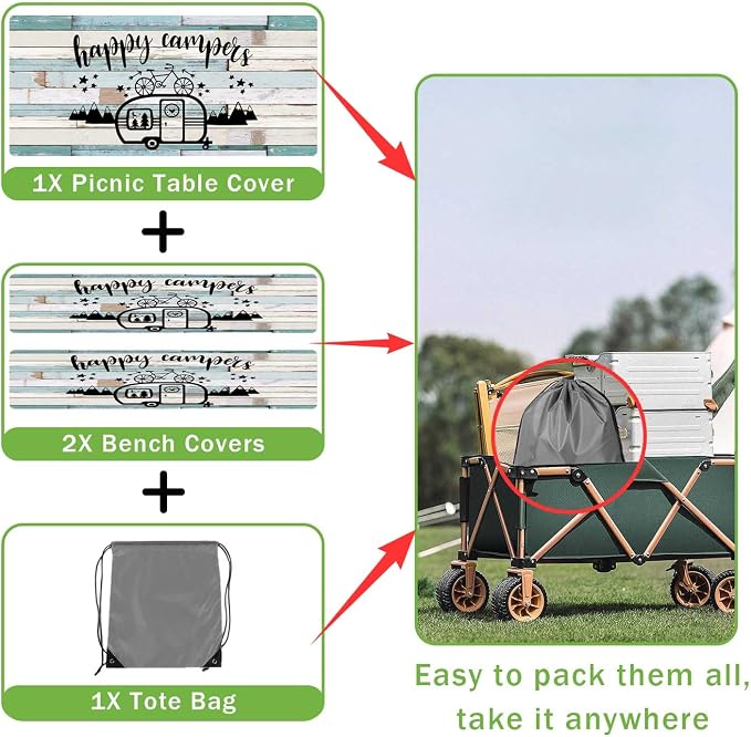JAWO Camper Picnic Table Cover with Bench Covers 3 Piece Set, Vintage Wooden Camper Pine Tree Camping Elastic Fitted Picnic Tablecloth Outdoor Camping Patio Picnic Table, 30X72 inch