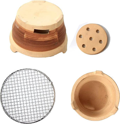 Clay Charcoal Barbecue Grill, Outdoor Table Grill with Stainless Steel Barbecue Net, Old Fashioned Clay Stove for Party Camping Picnic Carbon Furnace,Brown