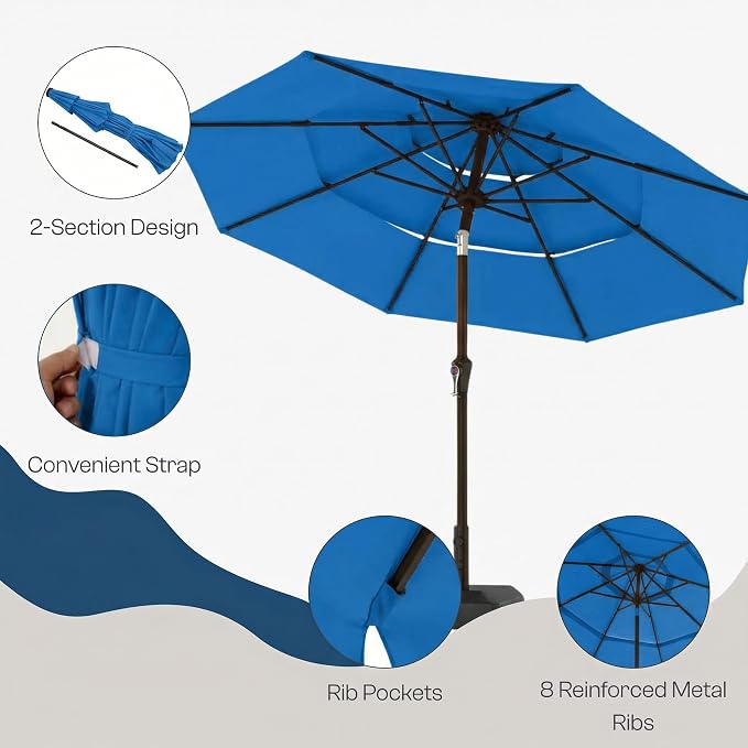 10ft 3 Tier Patio Umbrella, Outdoor Market Table Umbrella with UPF 50+ Vented Canopy, 8 Sturdy Ribs, Easy Push Button Tilt and Crank, Windproof for Deck, Pool, Backyard and Garden