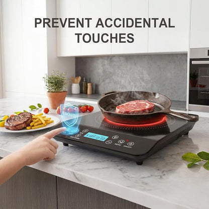 Portable Induction Cooktop 1800W Electric Countertop Stove for Kitchen, RV | Induction Burner with 9 Temperature Settings (140℉-518℉), 9 Power Levels, 10-Hour Timer Adjustment, LED Display, Safety Lock