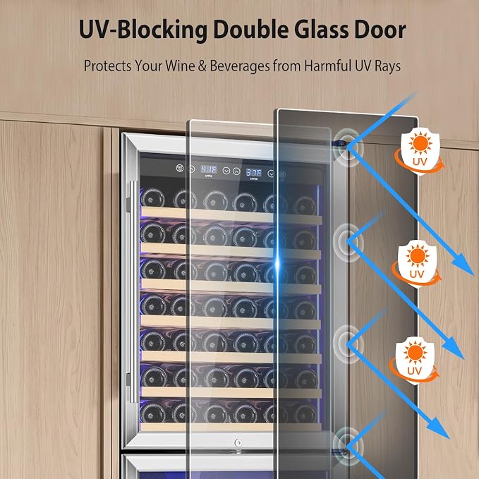 ORYMUSE 24 Inch Dual Zone Wine and Beverage Refrigerator, 180 Can / 77 Bottle Capacity Built-In Freestanding Wine Fridge with Glass Door, Drink Cooler for Kitchen Home Bar, Blue LED Light