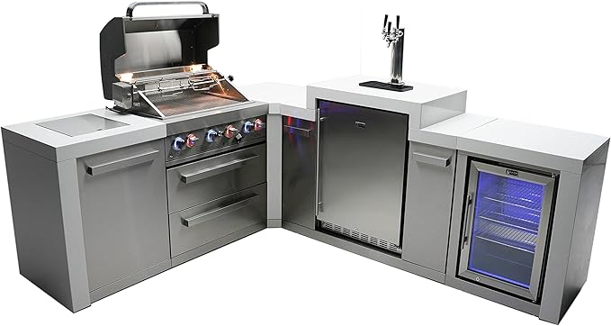 Mont Alpi Premium 82"W x 98"D Deluxe L-shaped Stainless Steel Outdoor Kitchen Island + 3-tap Kegerator Beer Dispenser + Refrigerator + 32"W 4-Burner BBQ Grill + Side Burner + Storage Cabinets + Cover