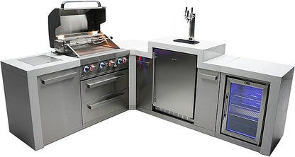 Mont Alpi Premium 82"W x 98"D Deluxe L-shaped Stainless Steel Outdoor Kitchen Island + 3-tap Kegerator Beer Dispenser + Refrigerator + 32"W 4-Burner BBQ Grill + Side Burner + Storage Cabinets + Cover