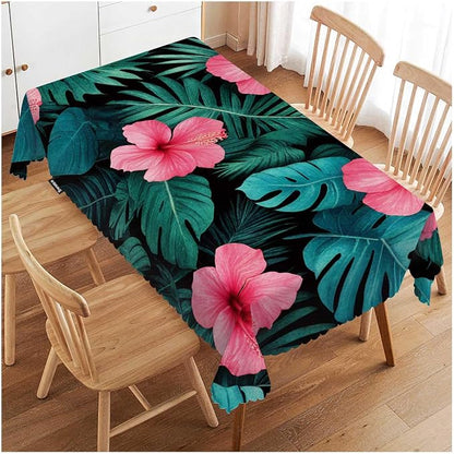 Swono Palm Leaves Table Cover Tropical Flower Jungle Palms Hibiscus 50x72 Inch Table Cloth for Rectangle Tables Buffet Parties Coffee BBQ and Dinning Tablecloth