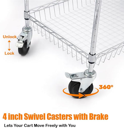 3-Tier Rolling Cart, Utility Metal Wire Cart, 30" D x 18" W x 35" H | 4'' Locking Wheels, Adjustable Shelves, 661 LBS Capacity, Complying with NSF, Heavy Duty, For Home Kitchen Garage Office