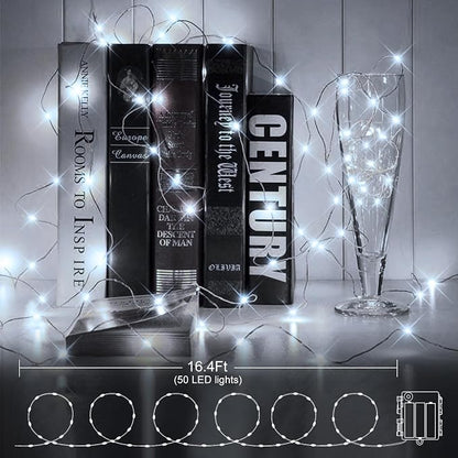 4 Pack Green Wire Fairy Lights Battery Operated Twinkle Lights | 16.4 Ft 50 LED Battery Christmas Lights Waterproof with Auto Timer 8 Modes for Xmas Wreath Tree Decor, Cool White