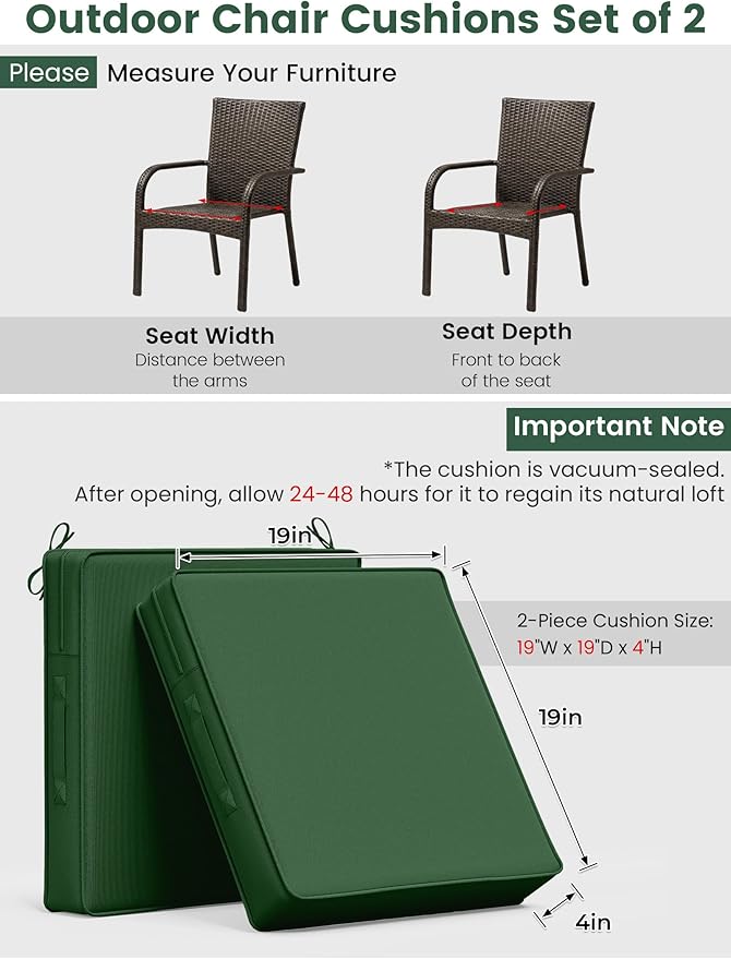 Outdoor Chair Cushion 19 x 19 x 4 Inches Patio Furniture Outdoor Waterproof Seat Cushion, Patio Chair Cushion with Handles and Ties, Square Dining Chair Cushion Set of 2, Green