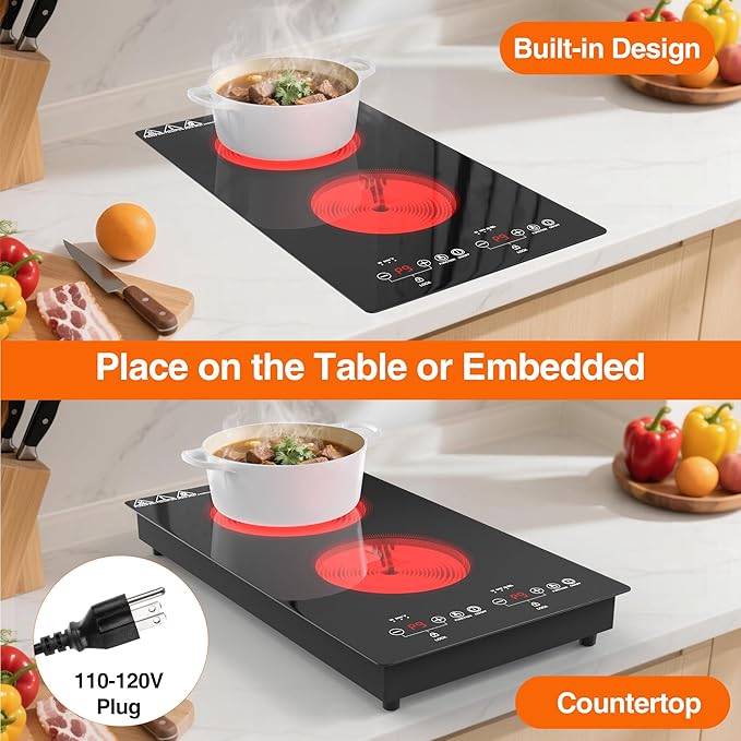 2100W Electric Cooktop 2 Burners 110V, 12" Electric Stove Top Hot Plate with Touch Control, Countertop & Built-in Ceramic Cooktop, Keep-Warm, Timer, Child Safety Lock, Compatible with All Cookware