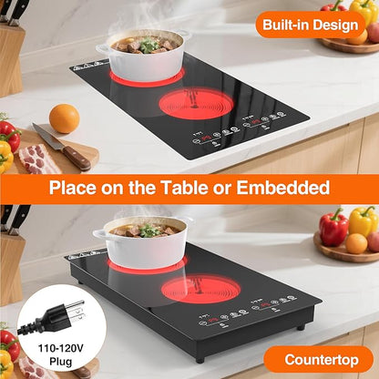 2100W Electric Cooktop 2 Burners 110V, 12" Electric Stove Top Hot Plate with Touch Control, Countertop & Built-in Ceramic Cooktop, Keep-Warm, Timer, Child Safety Lock, Compatible with All Cookware