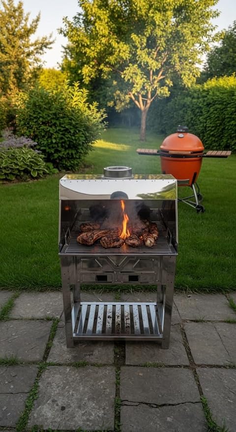 Dorello Stainless Steel BBQ Charcoal Grill with Smoke Hood Chimney, Ash Drawer, Storage Shelf, Turkish Mangal
