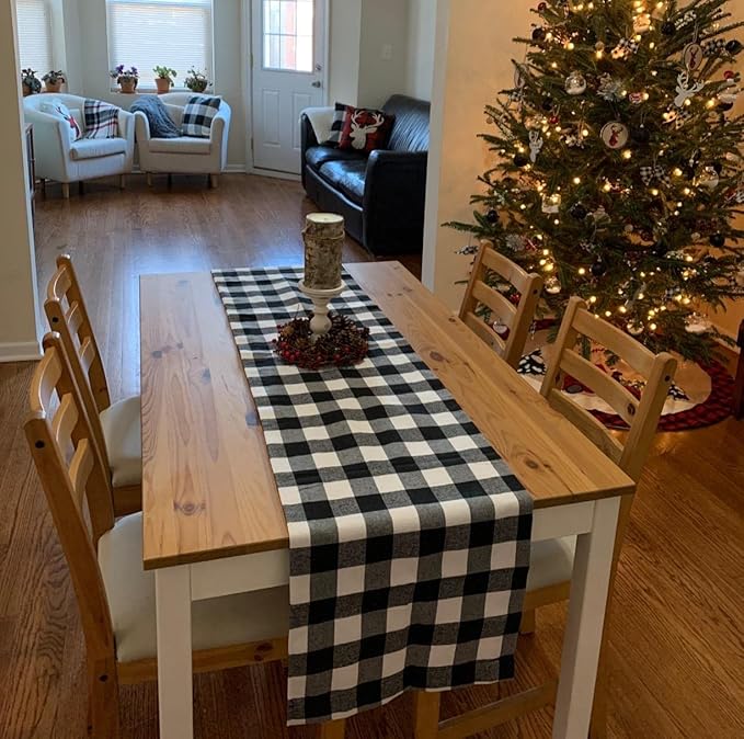 Black and White Plaid Table Runner Checker Buffalo Table Runner 4 Pieces 13 x 108 Inch Table Cover for Halloween Party Outdoor Family Fall Decorations