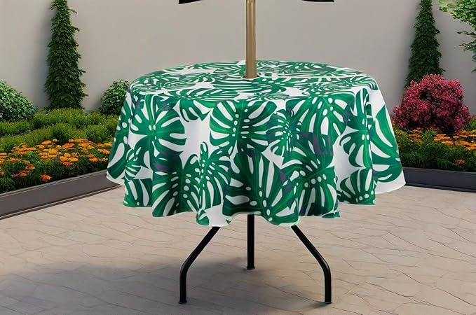 SUQ I OME Patio Outdoor Umbrella Tablecloth with Hole and Zipper,Zippered,Spring Summer Table Covers for Backyard Circular Table BBQs Picnic(Leaf Green,60'' Round)