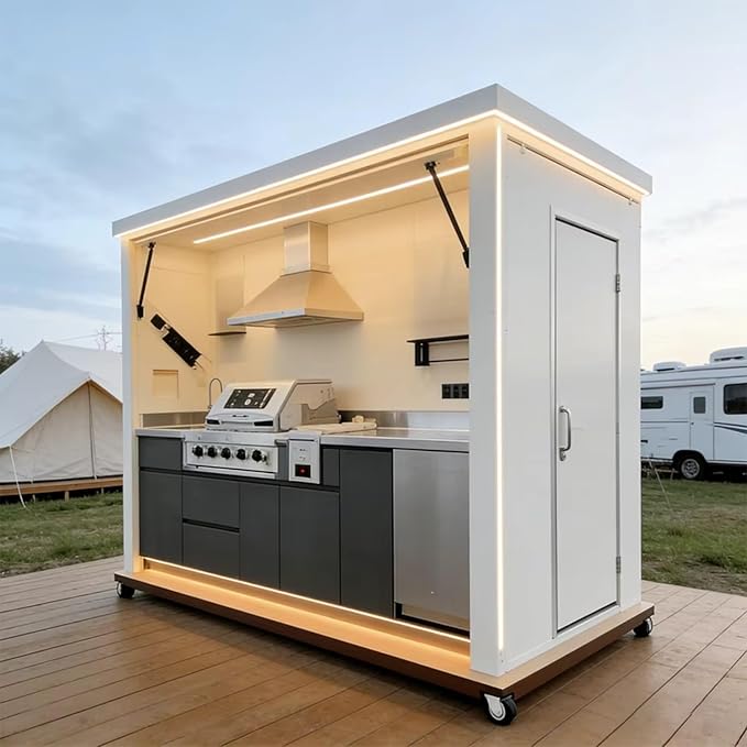Automated Prefab Outdoor Kitchen Unit - Weatherproof Hydraulic System - Modern BBQ Island with Customizable Configurations