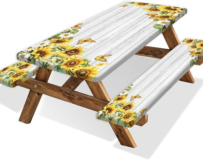 Picnic Table Cover with Bench Covers Elastic Edges, White Wooden Sunflower Butterfly Fitted Table Cover, Outdoor Patio Camping Essentials 3PCS, Waterproof Camping Tablecloth with Drawstring Bag 60in